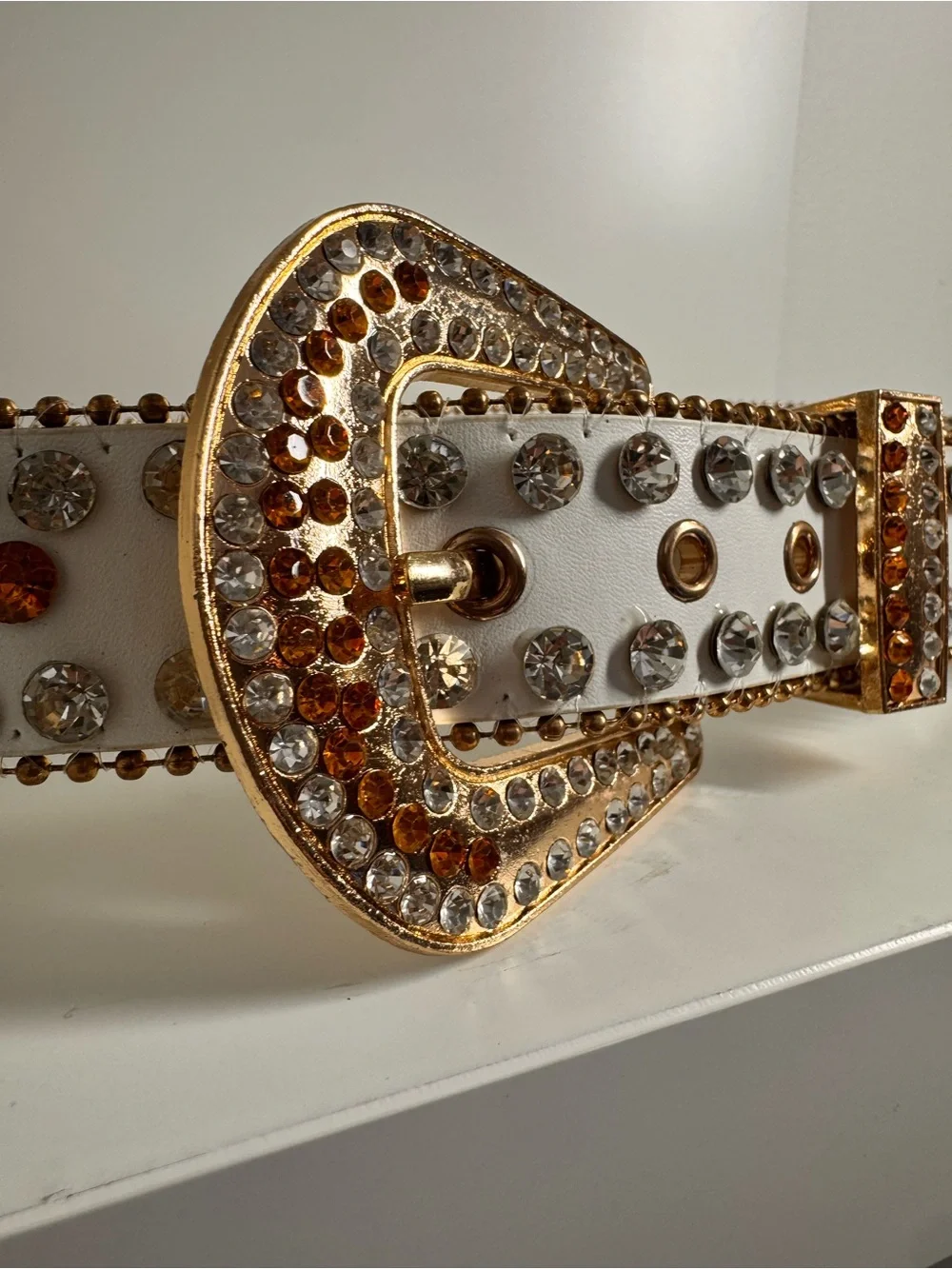 New/In Box White Crystal-Embellished Belt with Gold Buckle